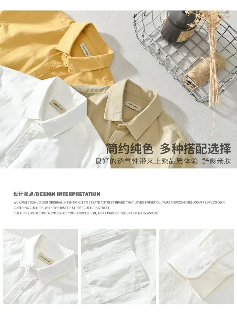 Japanese Fresh Shirts Men Youth Fashion Long Sleeve Shirt Man Causal Pure Cotton Square Pocket Shirt Simple Versatile Tops Male