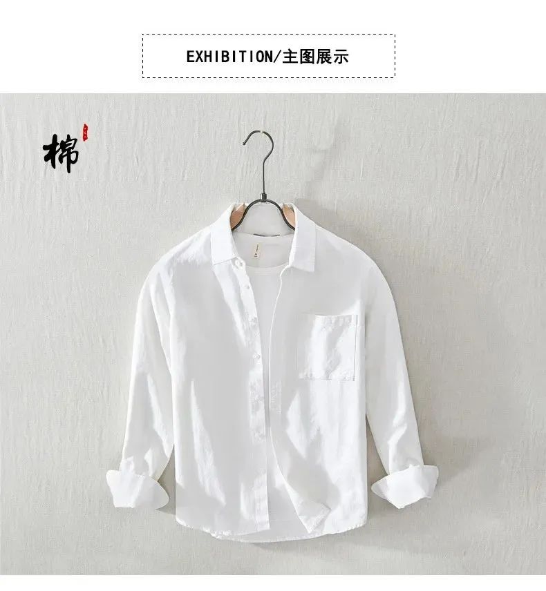 Japanese Fresh Shirts Men Youth Fashion Long Sleeve Shirt Man Causal Pure Cotton Square Pocket Shirt Simple Versatile Tops Male