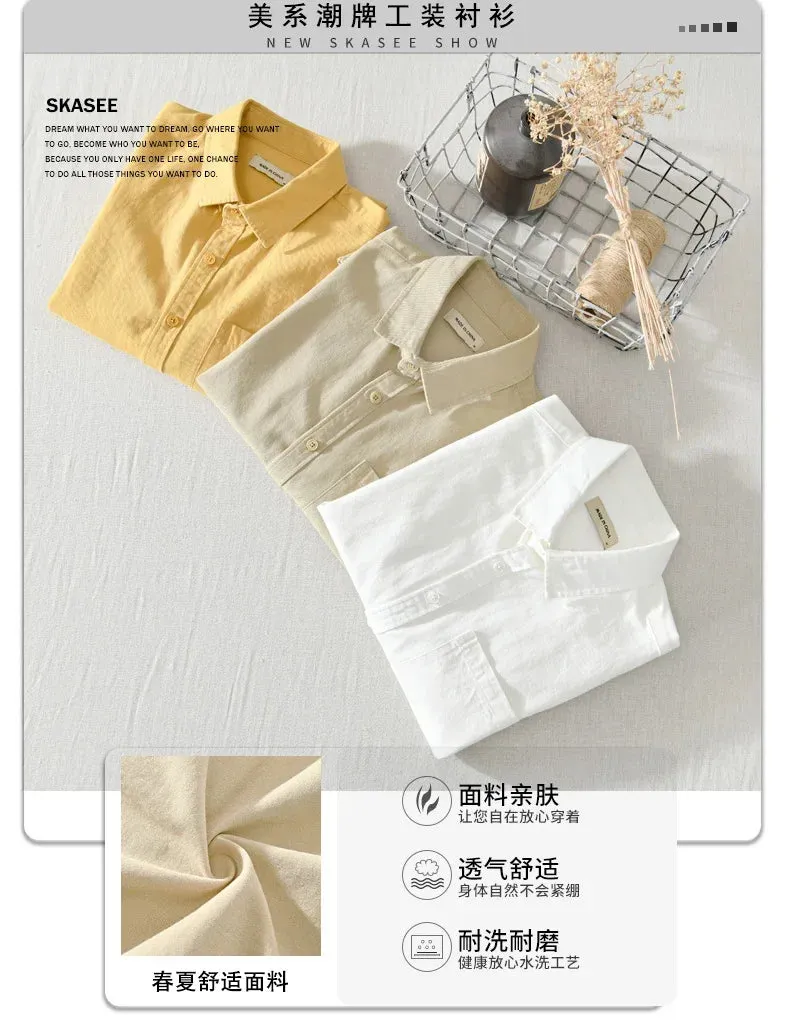 Japanese Fresh Shirts Men Youth Fashion Long Sleeve Shirt Man Causal Pure Cotton Square Pocket Shirt Simple Versatile Tops Male