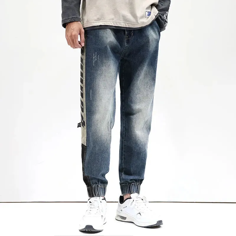 Jeans Men Oversize Pants Harem Joggers Elastic Waist Streetwear Side Striped Tapered Jeans Kpop Loose Fit Male Denim Trousers