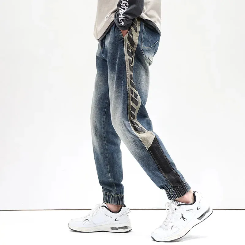 Jeans Men Oversize Pants Harem Joggers Elastic Waist Streetwear Side Striped Tapered Jeans Kpop Loose Fit Male Denim Trousers
