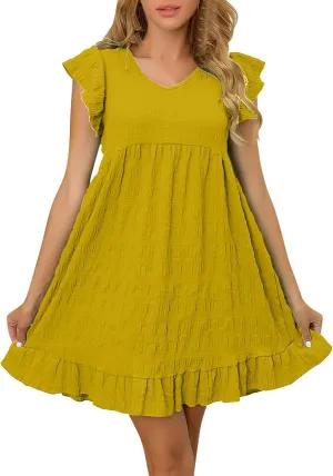 jsaierl Sun Dress for Women Summer Ruffle Sleeve Mini Dress Boho A Line Swing Dress V Neck Tiered Dress Beach Vacation Dress