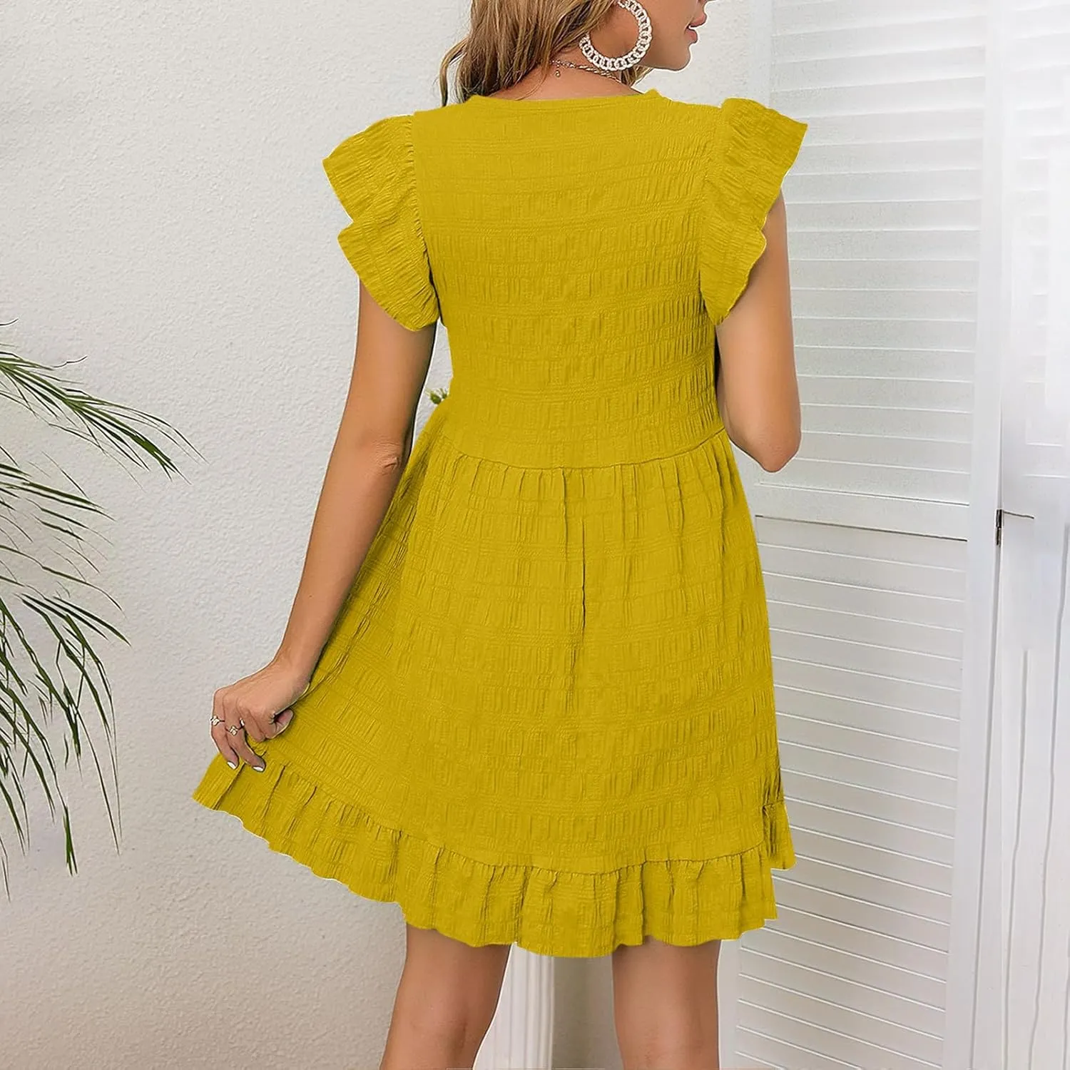 jsaierl Sun Dress for Women Summer Ruffle Sleeve Mini Dress Boho A Line Swing Dress V Neck Tiered Dress Beach Vacation Dress