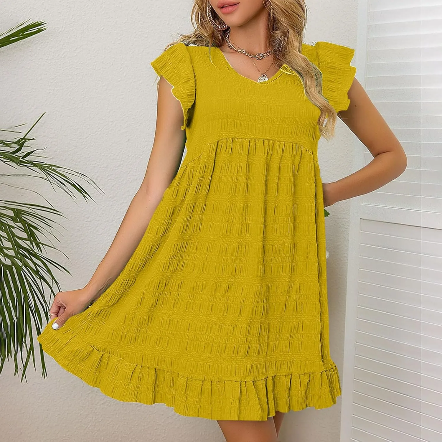 jsaierl Sun Dress for Women Summer Ruffle Sleeve Mini Dress Boho A Line Swing Dress V Neck Tiered Dress Beach Vacation Dress