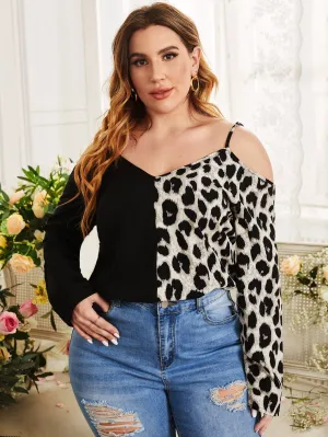 Leopard Long Sleeve Cold Shoulder Regular Plus Size Blouse