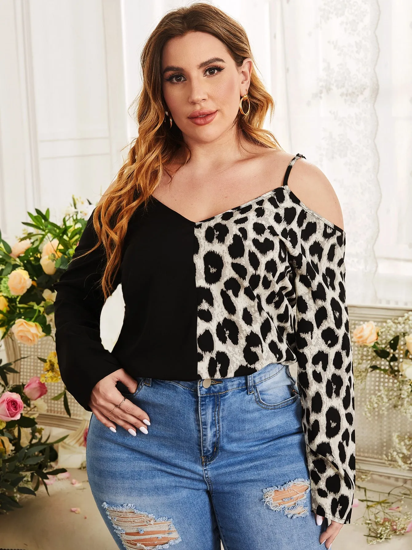 Leopard Long Sleeve Cold Shoulder Regular Plus Size Blouse
