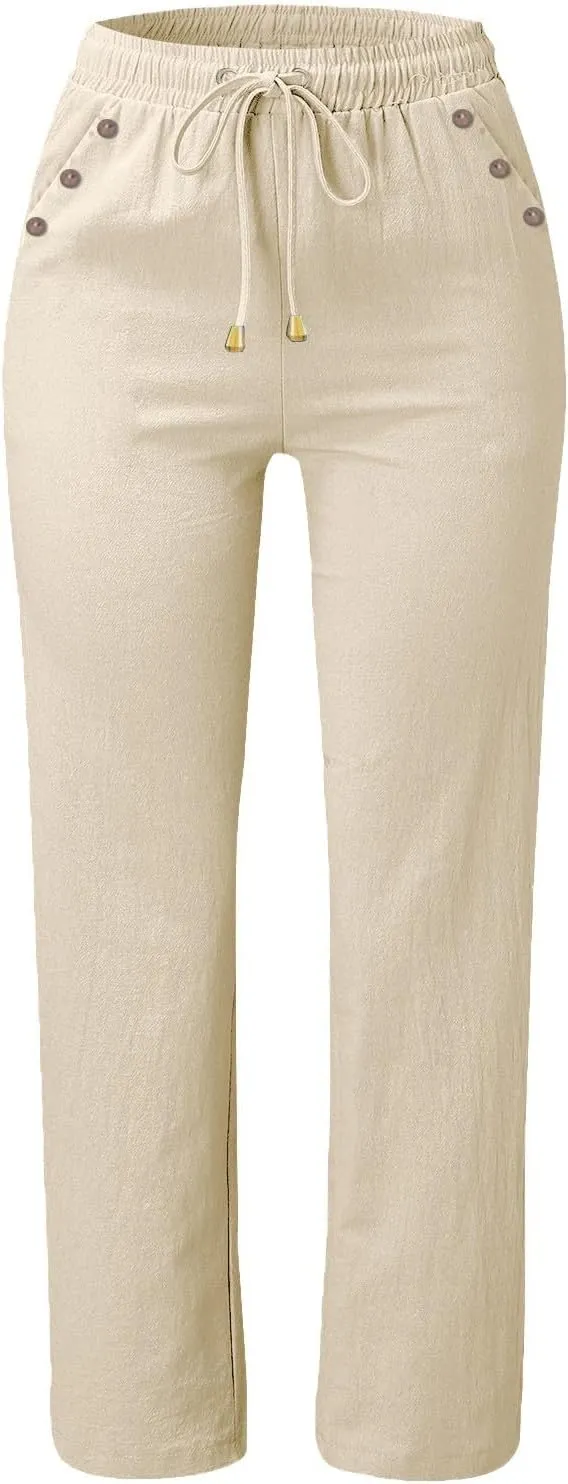 Linen Pants Women 2025 Summer Drawstring Elastic High Waisted Straight Leg Trousers Baggy Lounge Pants with Pockets