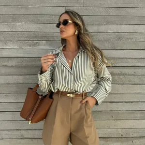LVSANW 2024 ZAR4 Summer New Women's Wear Versatile European and American Style Stripe Basic Poplin Shirt