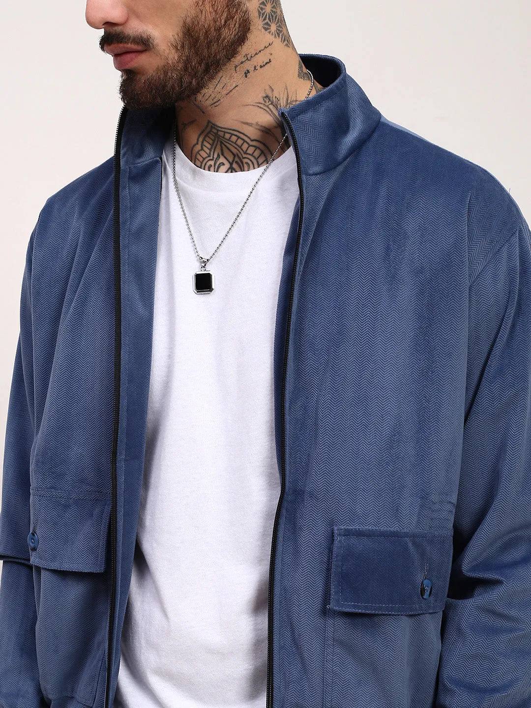 Men Blue Mock Collar Solid Bomber Jacket