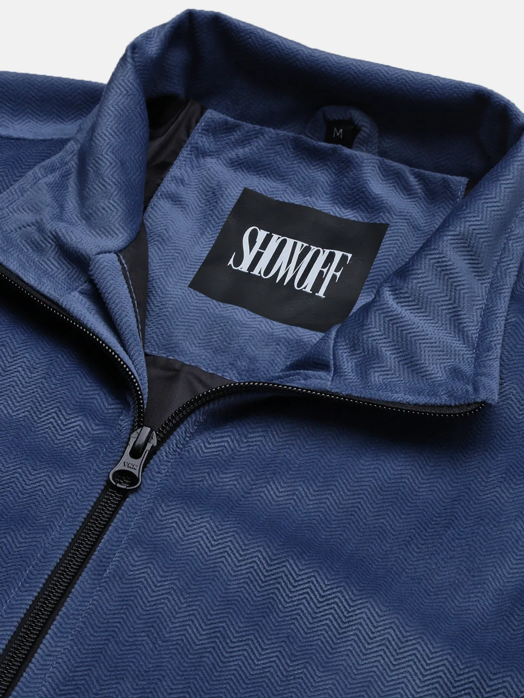 Men Blue Mock Collar Solid Bomber Jacket