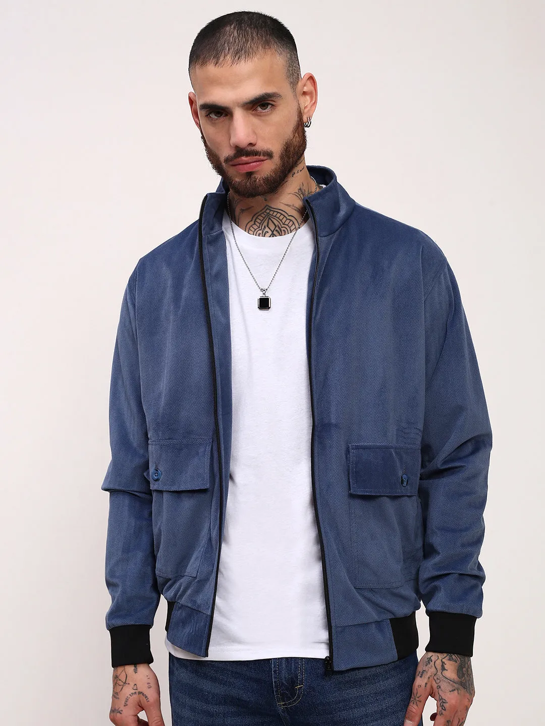 Men Blue Mock Collar Solid Bomber Jacket