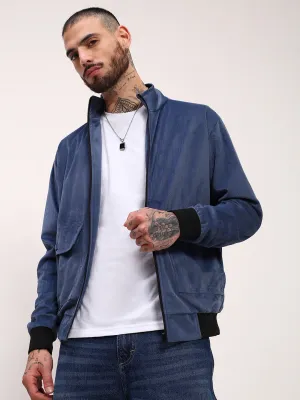 Men Blue Mock Collar Solid Bomber Jacket