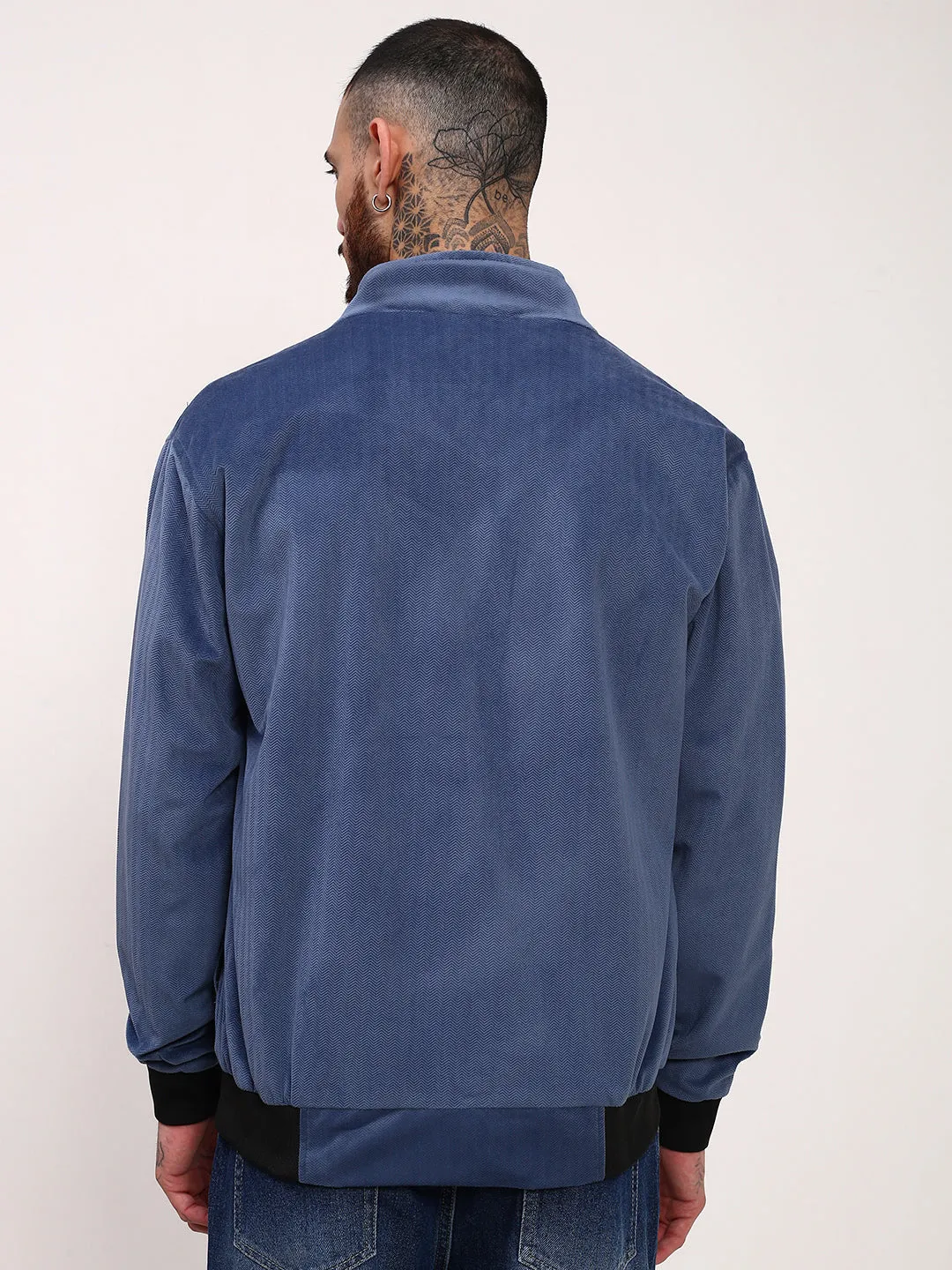Men Blue Mock Collar Solid Bomber Jacket