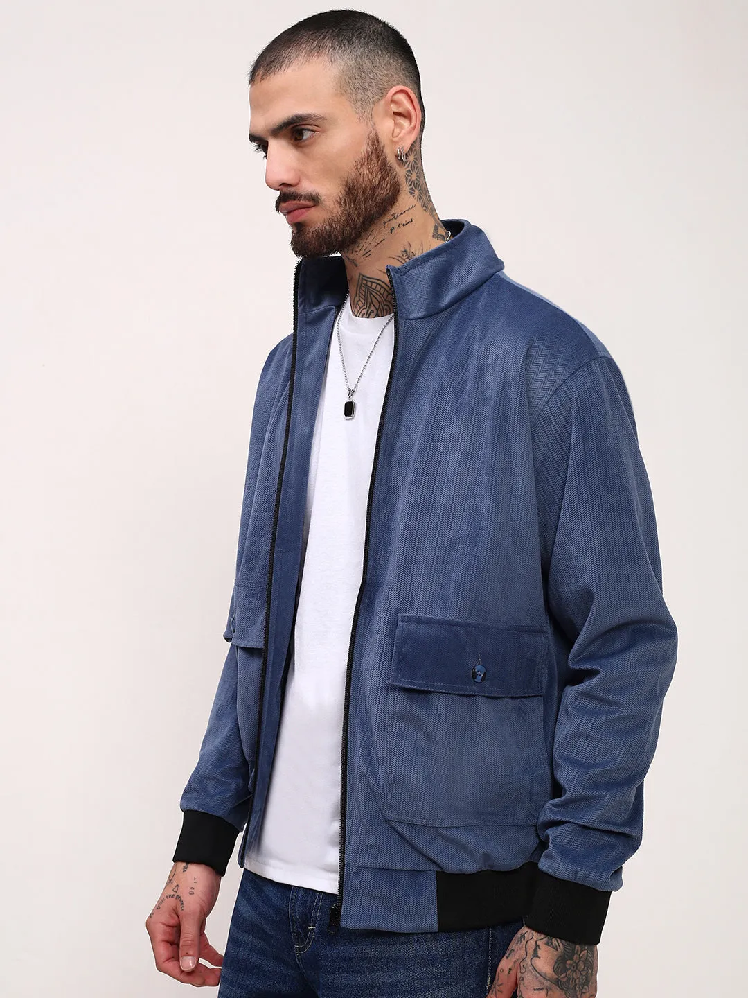 Men Blue Mock Collar Solid Bomber Jacket