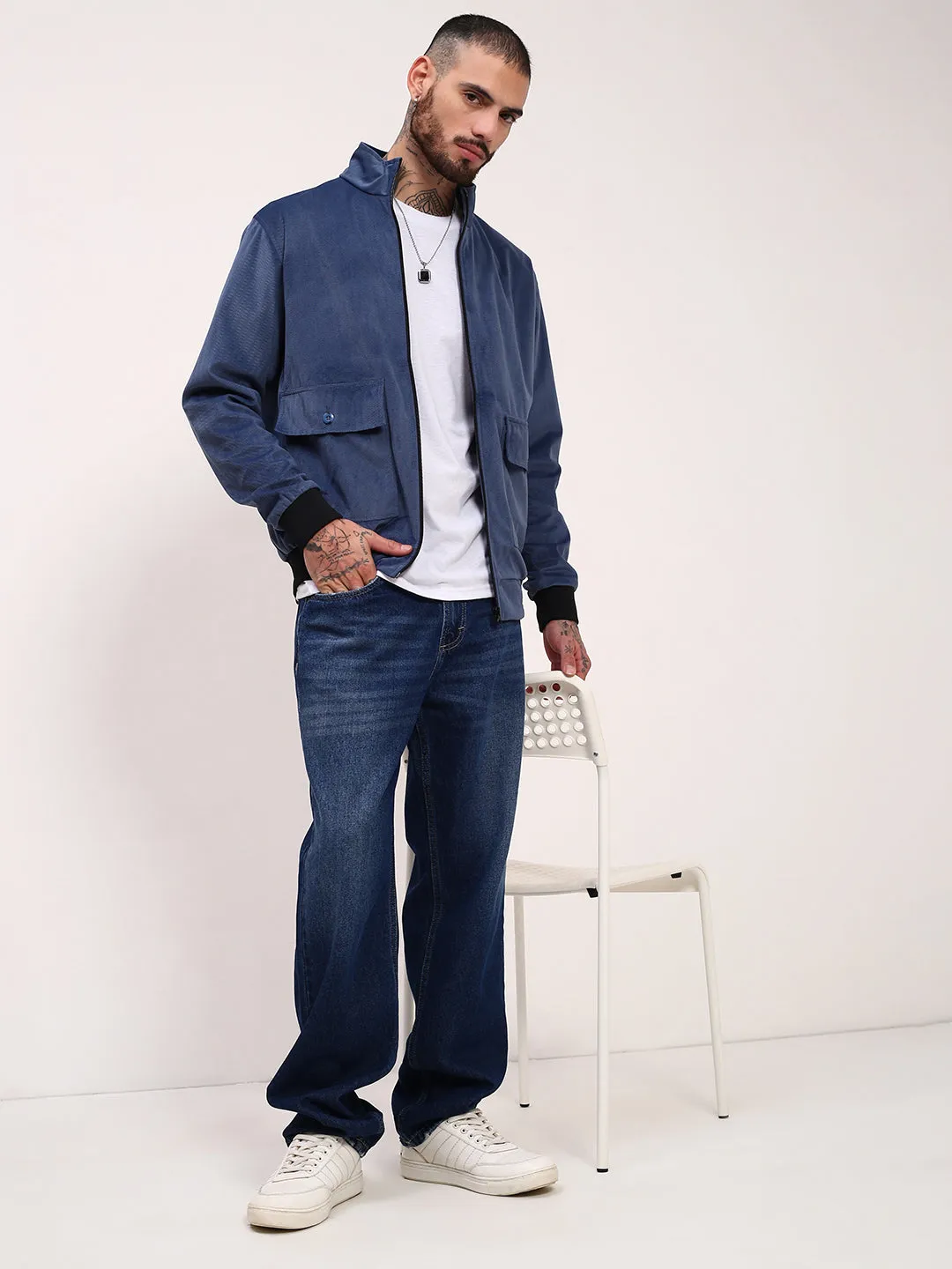Men Blue Mock Collar Solid Bomber Jacket