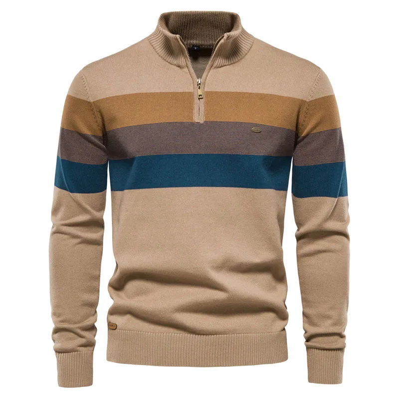 Men Classic Versatile Colorblock Henley Half-Zip Pullover Sweater Coat