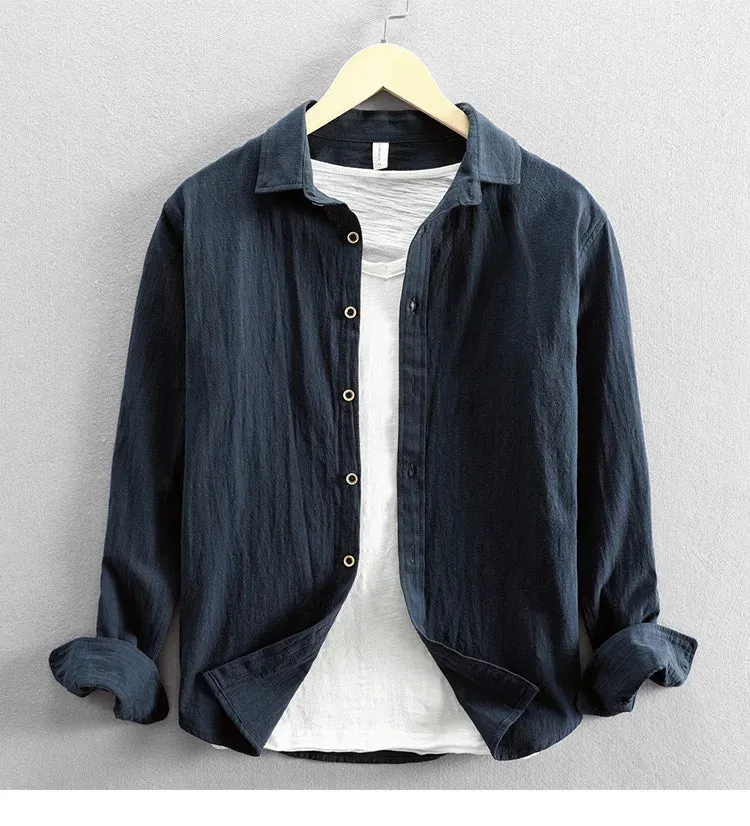 Men Clothing 2023 Fall Men's Cotton Linen Long-sleeved Shirt Solid Casual Versatile Lapel Loose Youth Shirt