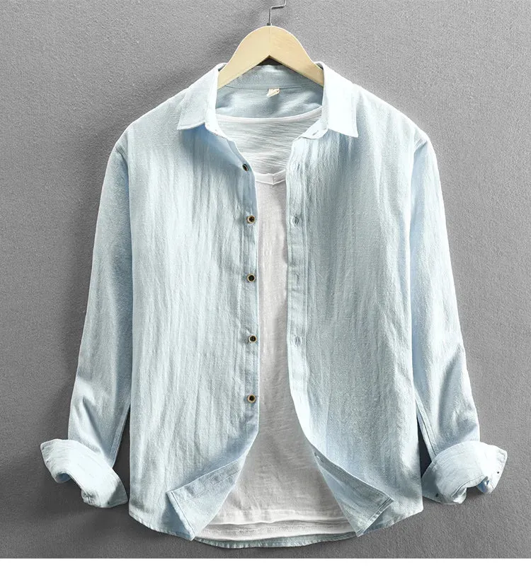Men Clothing 2023 Fall Men's Cotton Linen Long-sleeved Shirt Solid Casual Versatile Lapel Loose Youth Shirt