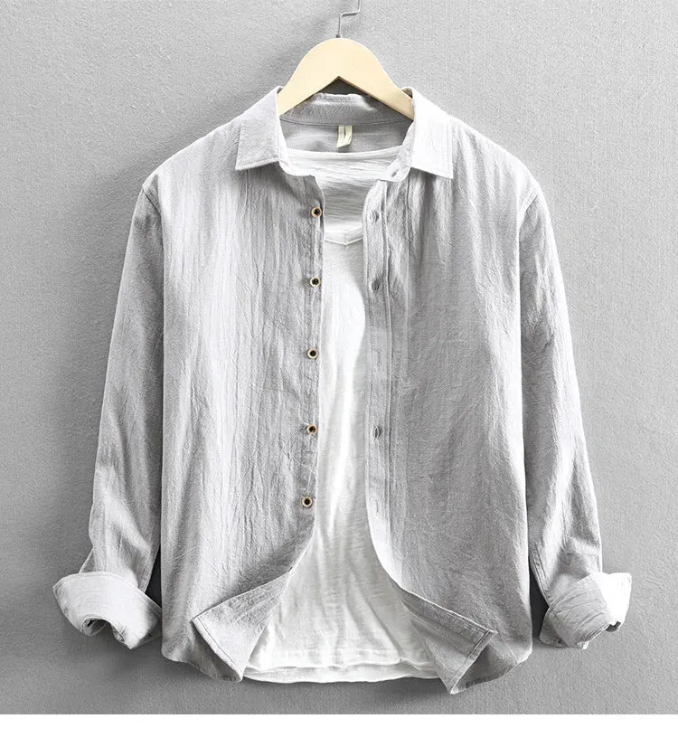 Men Clothing 2023 Fall Men's Cotton Linen Long-sleeved Shirt Solid Casual Versatile Lapel Loose Youth Shirt