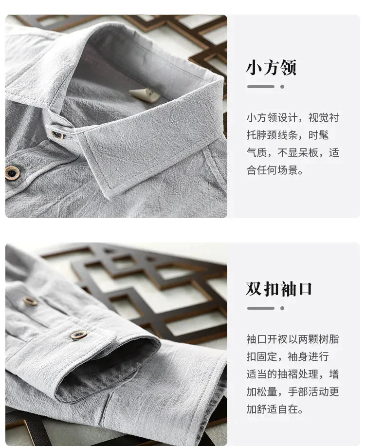 Men Clothing 2023 Fall Men's Cotton Linen Long-sleeved Shirt Solid Casual Versatile Lapel Loose Youth Shirt