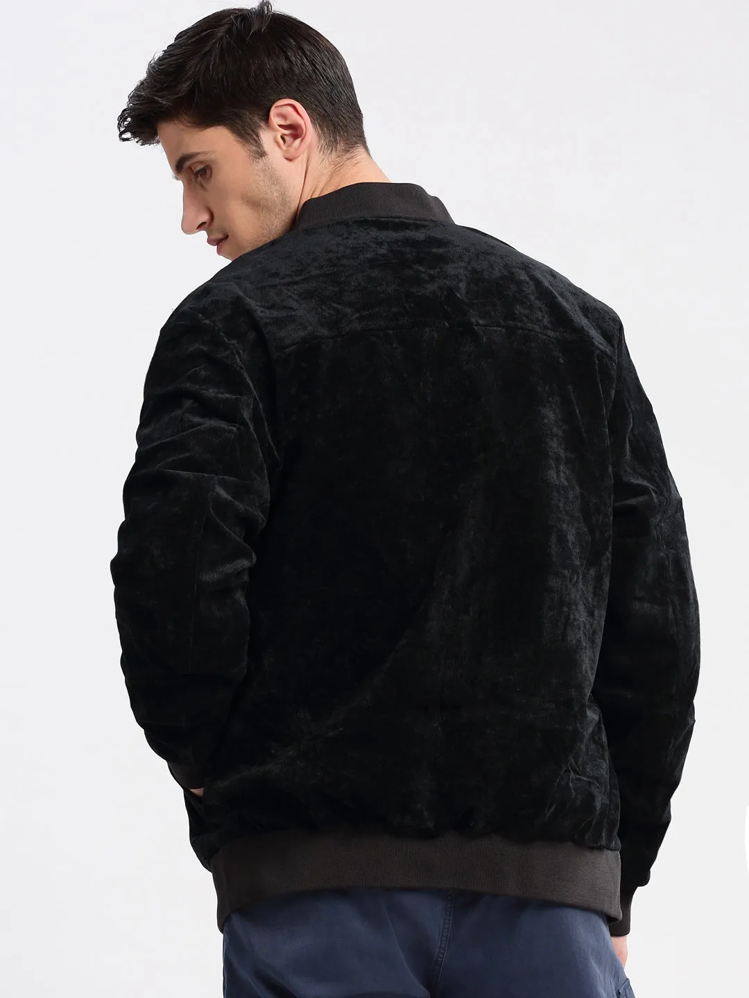 Men Mandarin Collar Solid Navy Blue Bomber Jacket