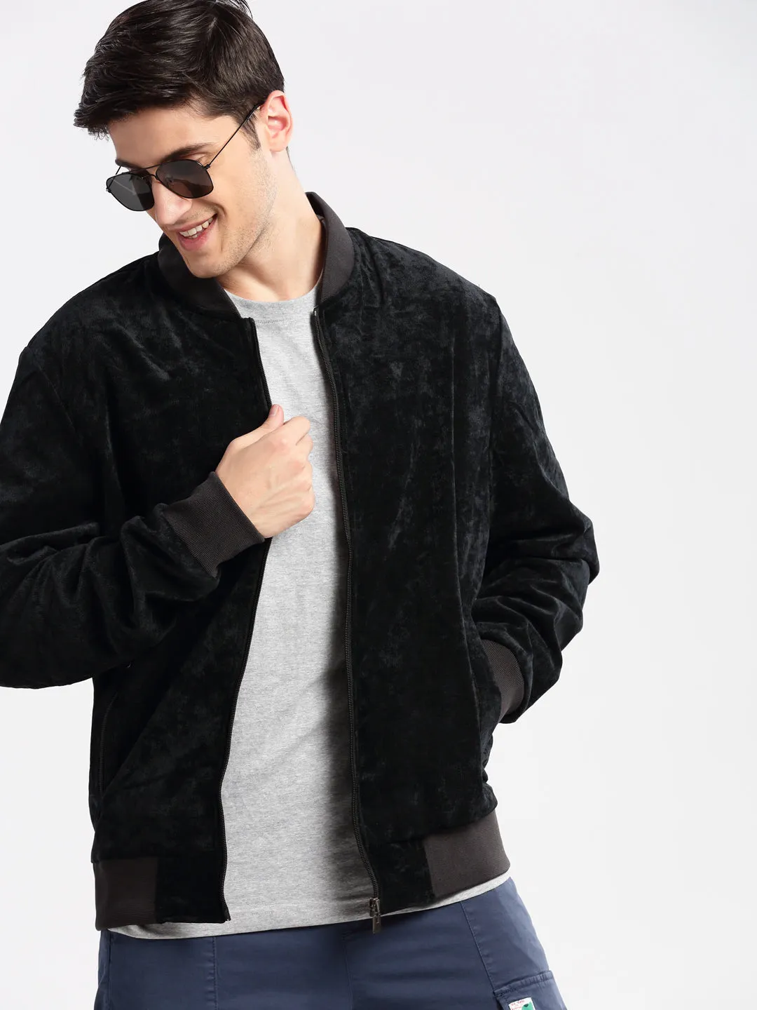 Men Mandarin Collar Solid Navy Blue Bomber Jacket