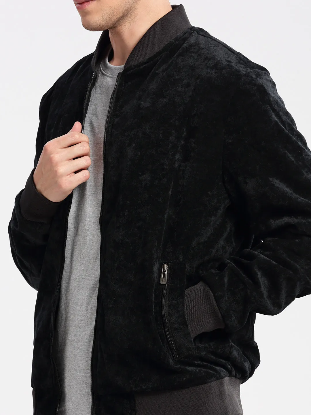 Men Mandarin Collar Solid Navy Blue Bomber Jacket