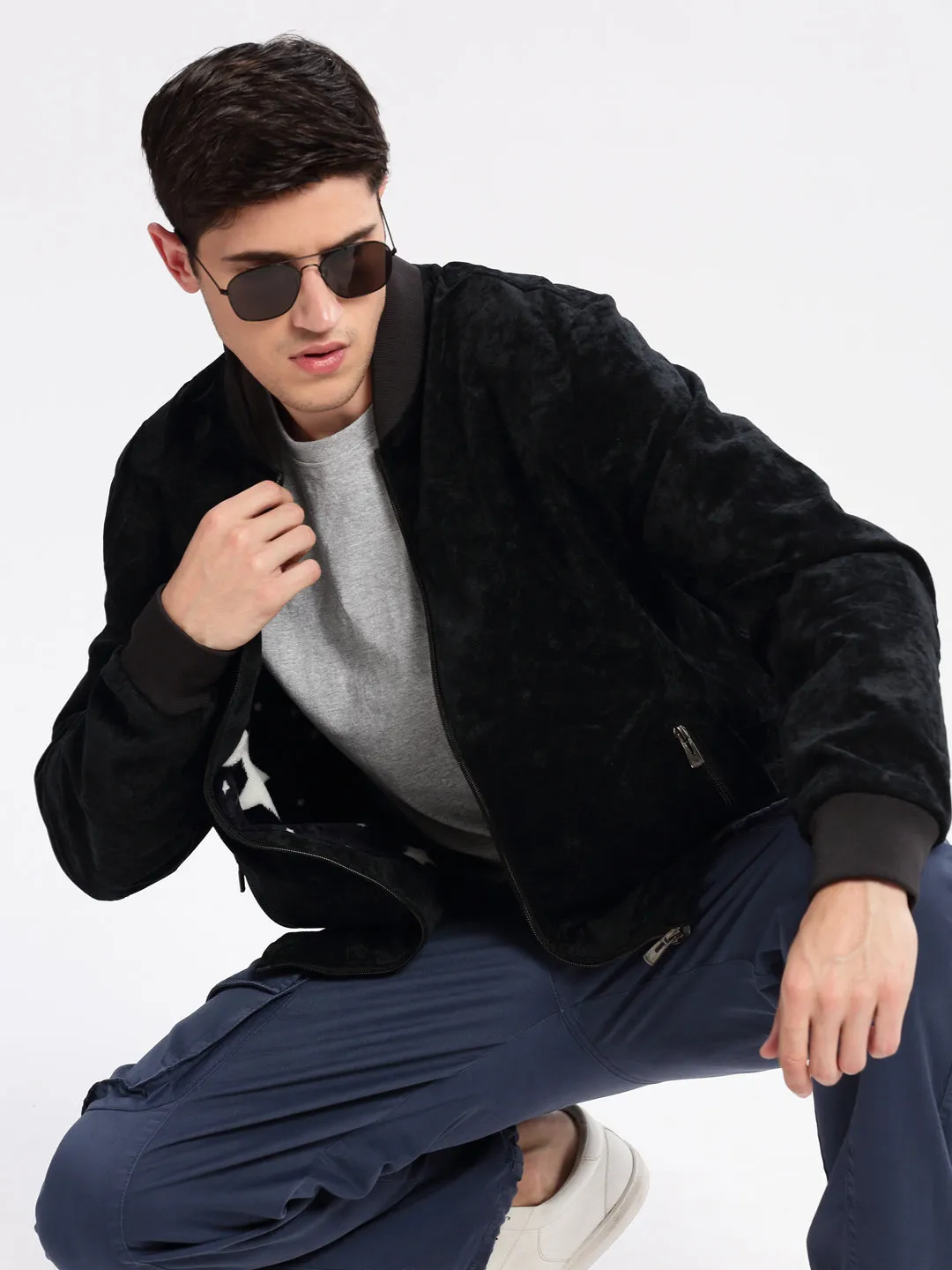 Men Mandarin Collar Solid Navy Blue Bomber Jacket