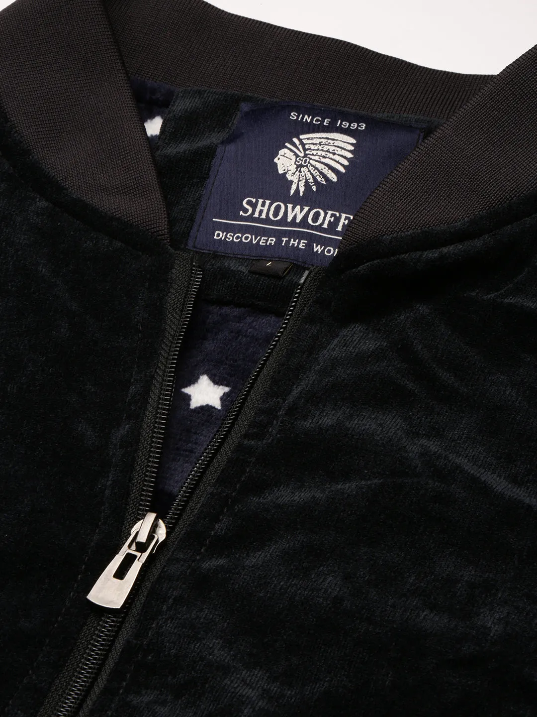 Men Mandarin Collar Solid Navy Blue Bomber Jacket