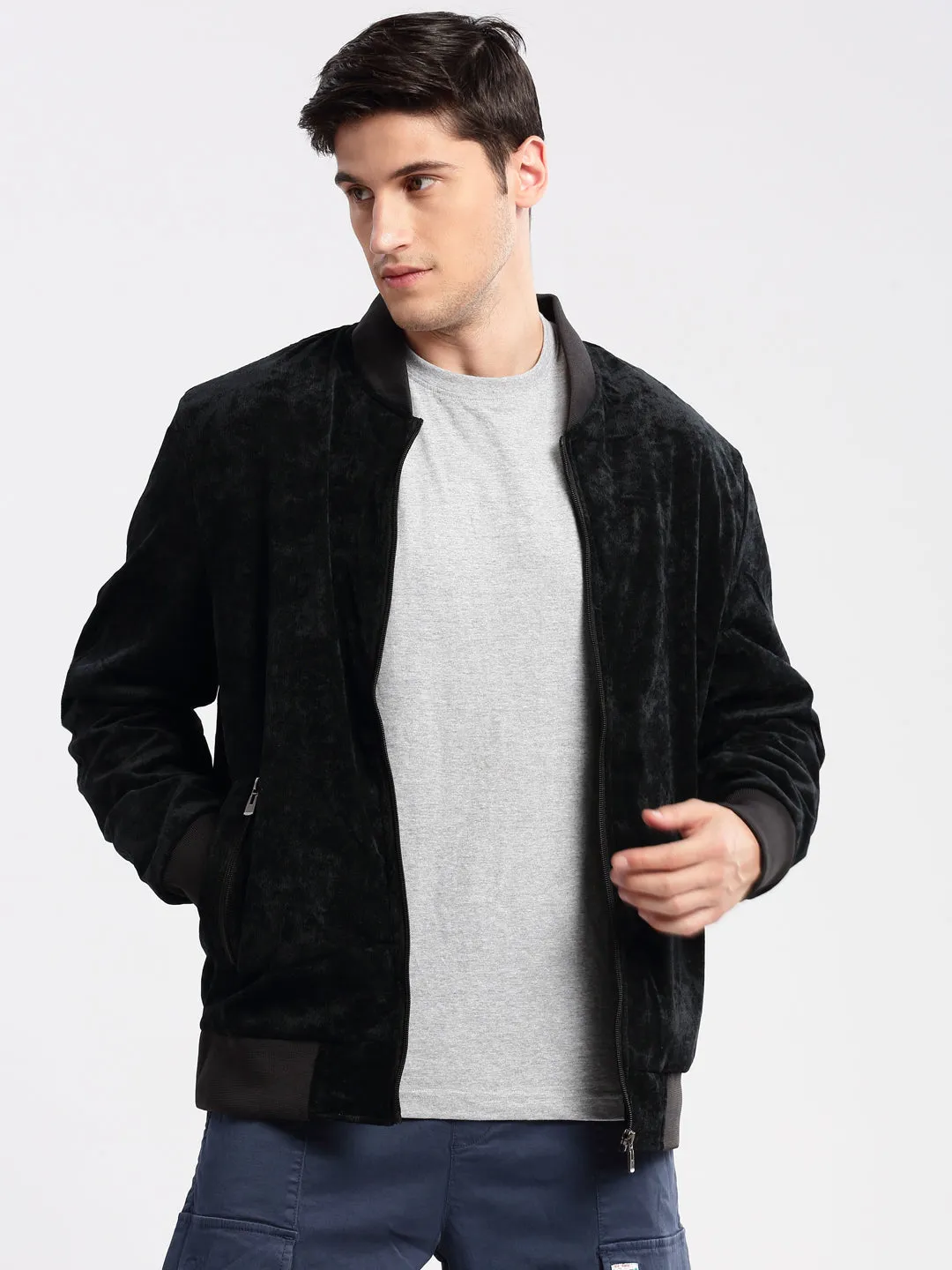 Men Mandarin Collar Solid Navy Blue Bomber Jacket