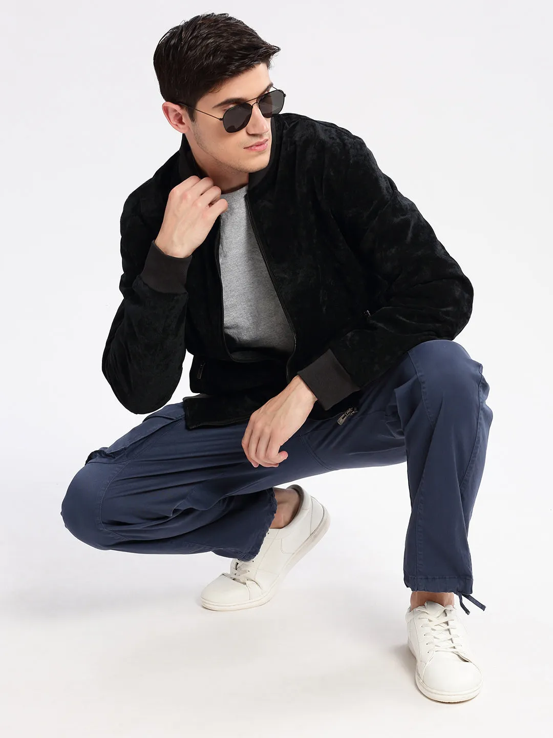 Men Mandarin Collar Solid Navy Blue Bomber Jacket