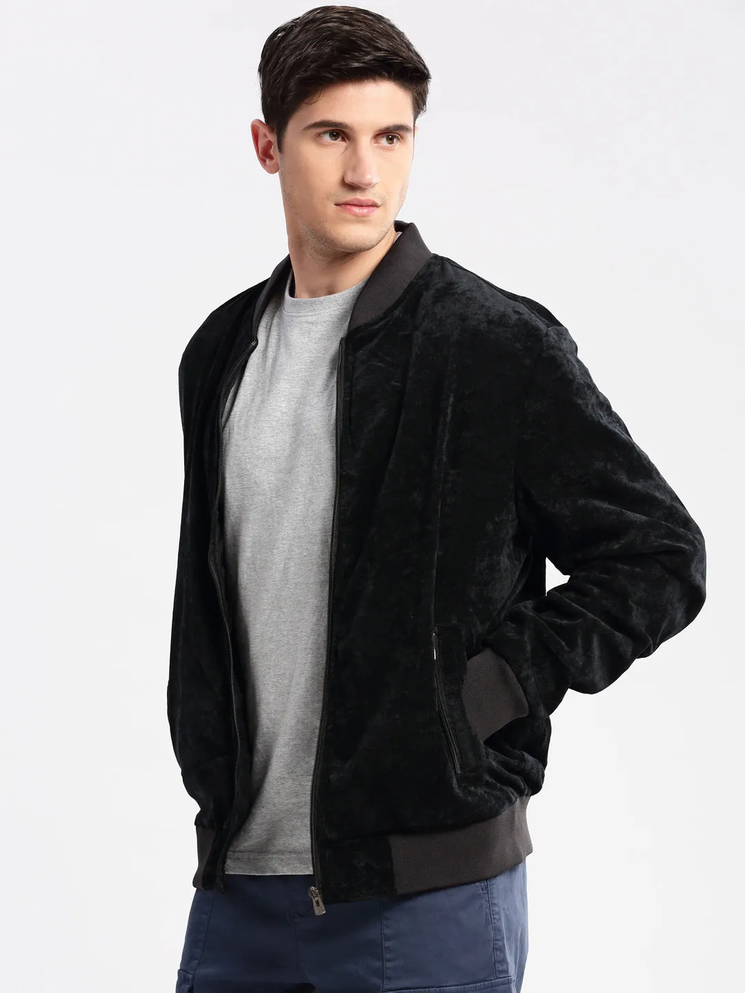 Men Mandarin Collar Solid Navy Blue Bomber Jacket