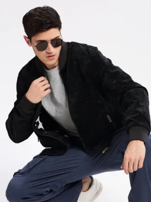 Men Mandarin Collar Solid Navy Blue Bomber Jacket