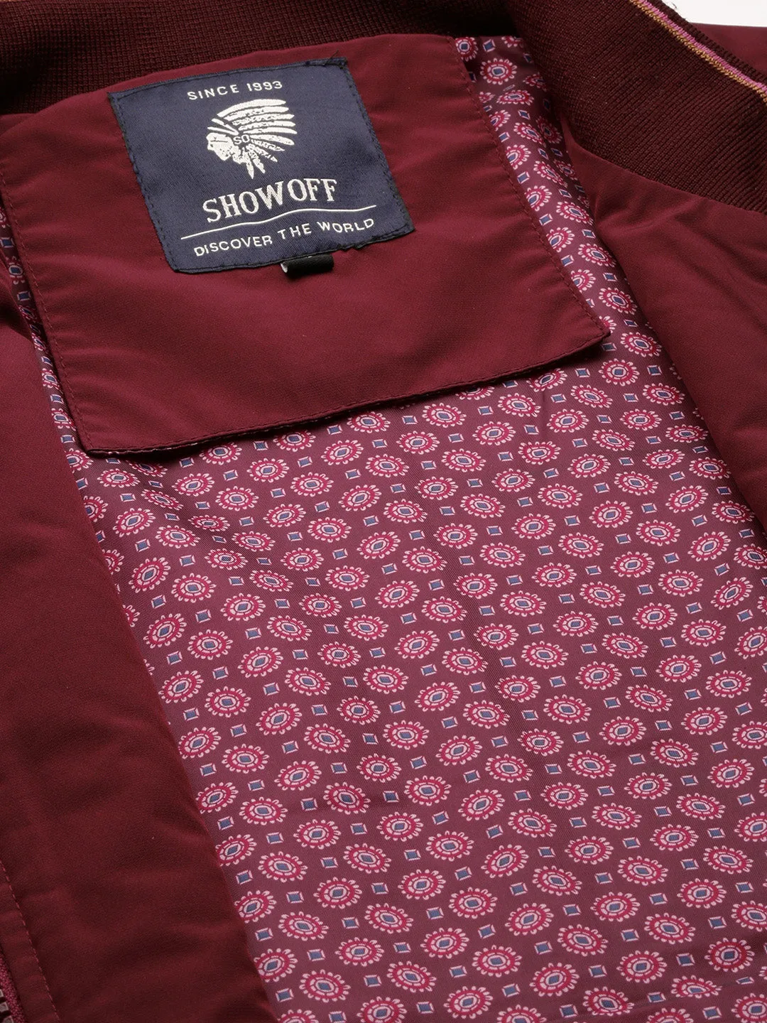 Men Maroon Mock Collar Bomber Jacket