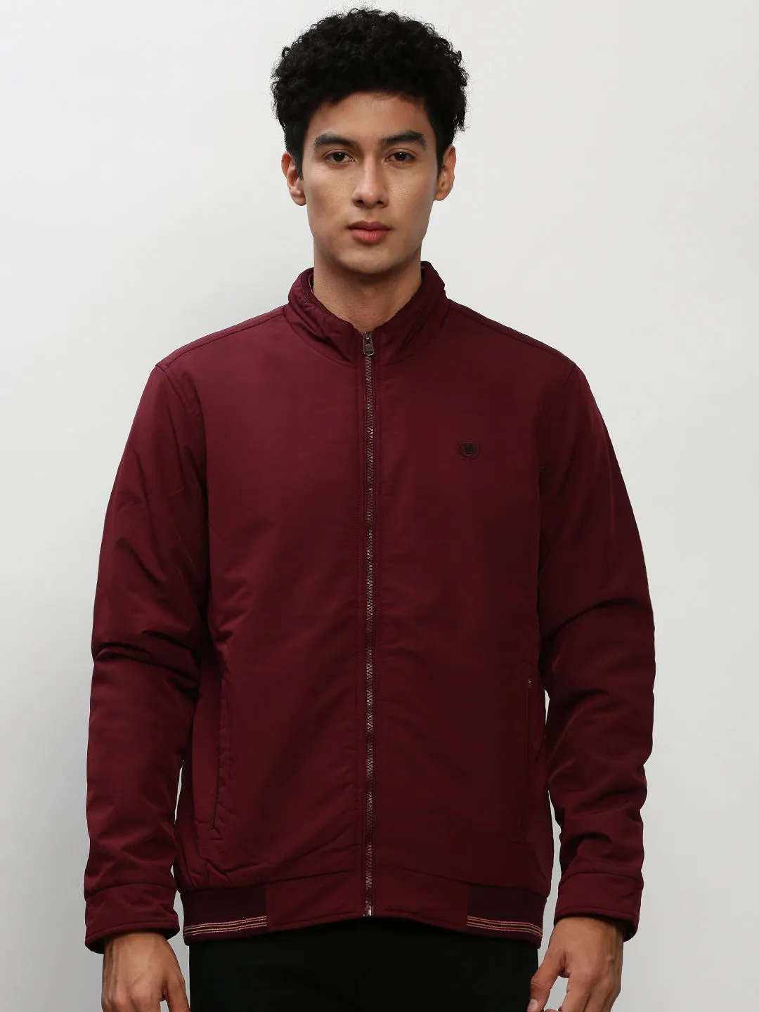 Men Maroon Mock Collar Bomber Jacket