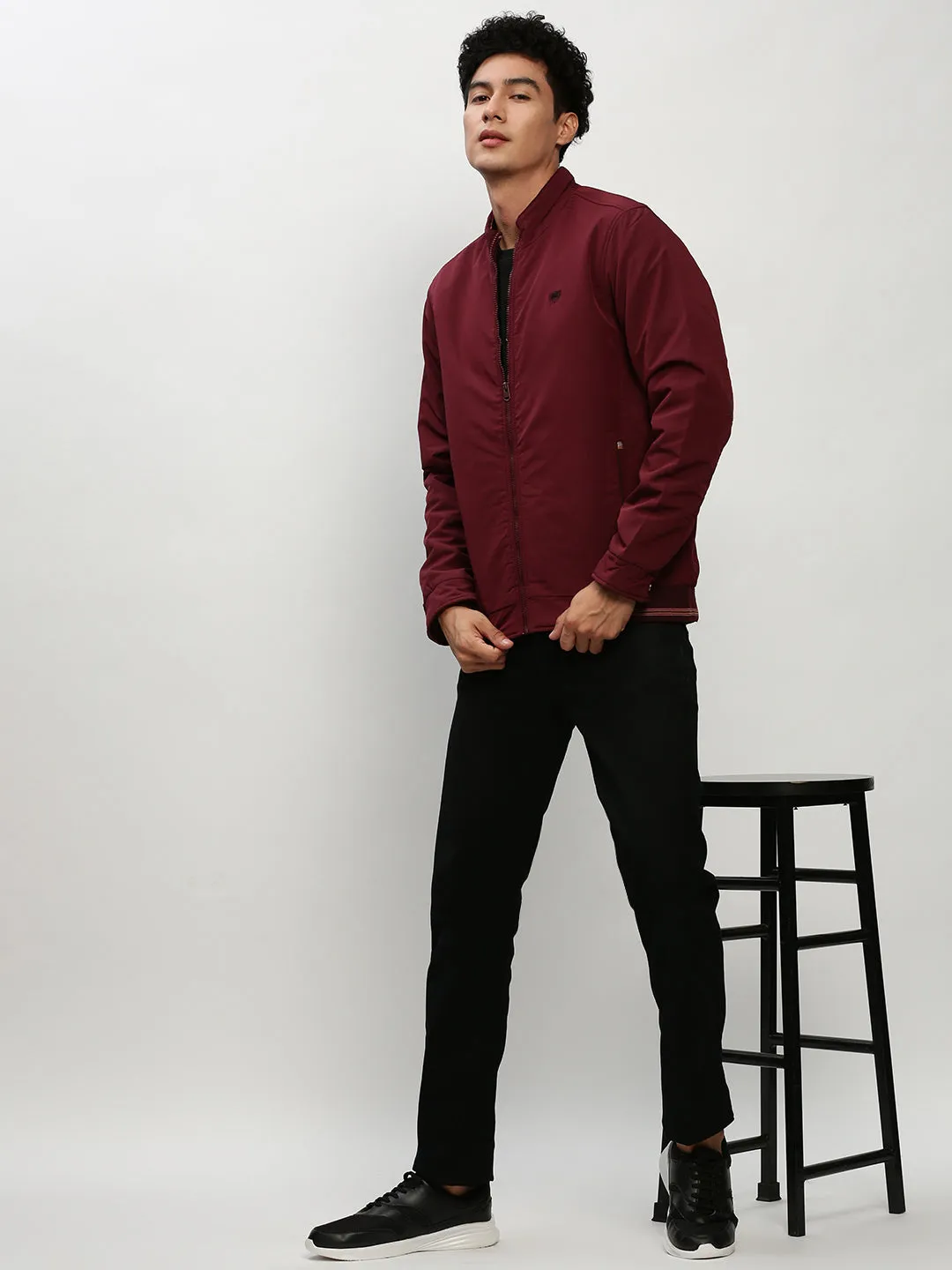 Men Maroon Mock Collar Bomber Jacket