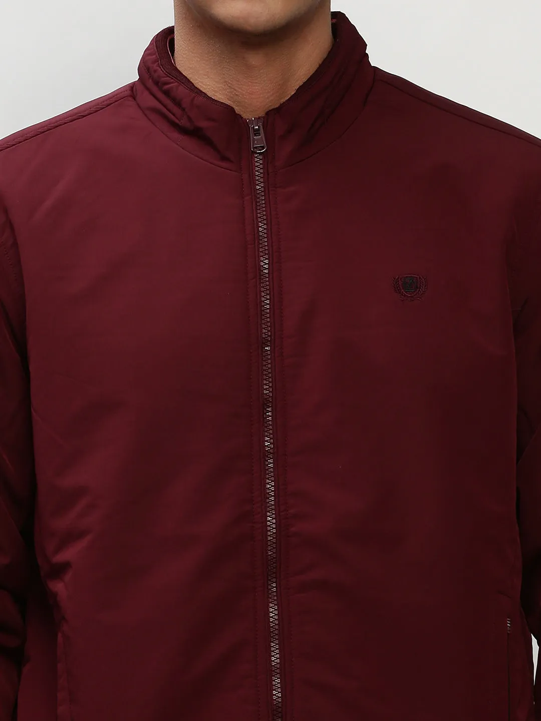 Men Maroon Mock Collar Bomber Jacket