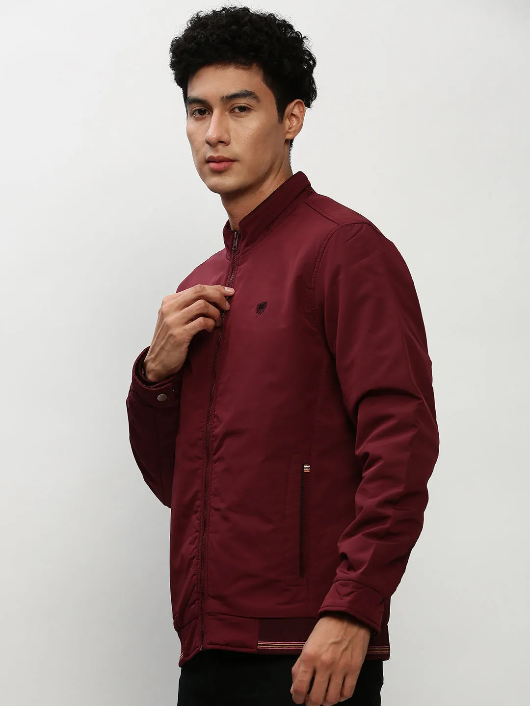 Men Maroon Mock Collar Bomber Jacket