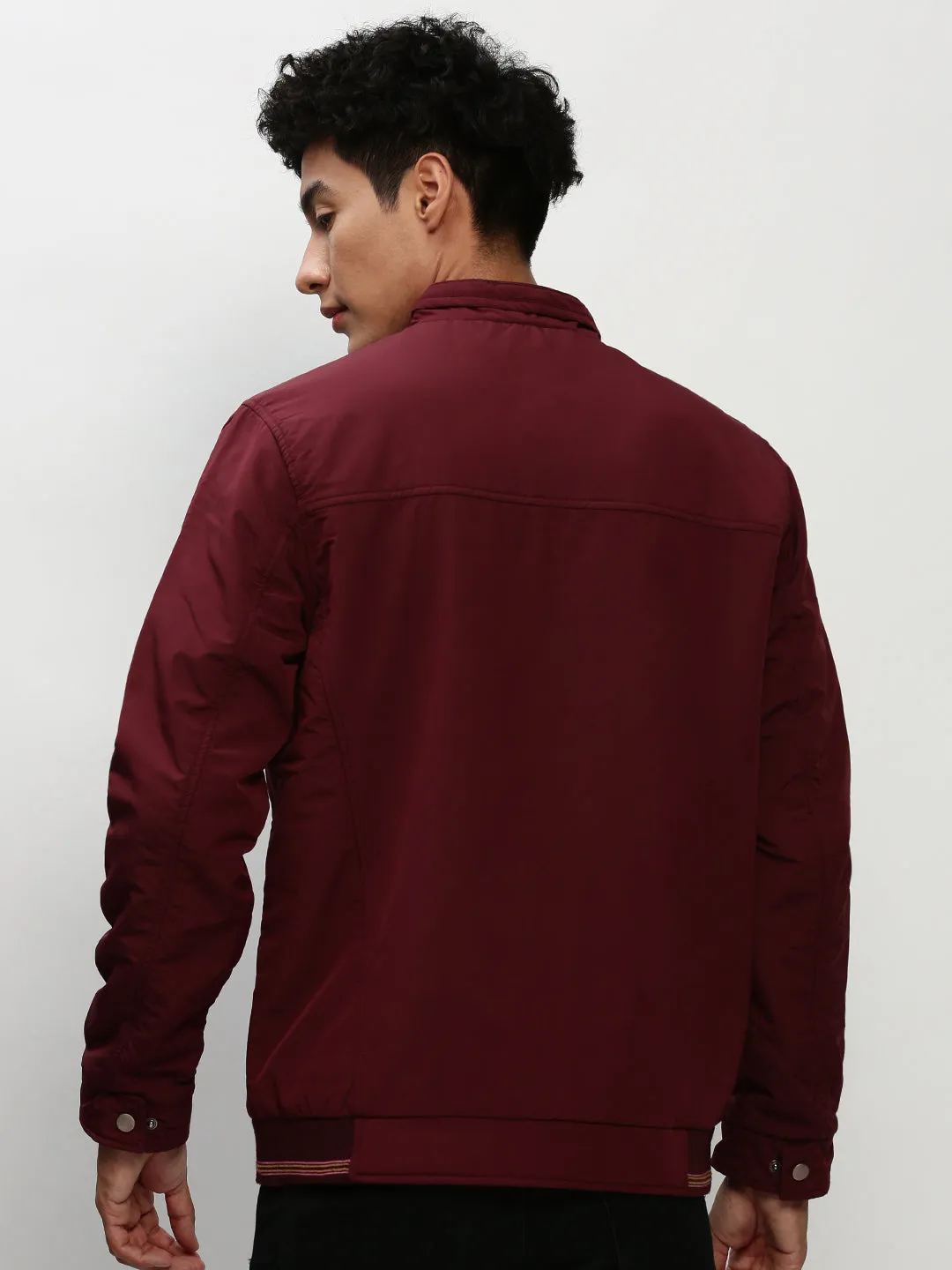 Men Maroon Mock Collar Bomber Jacket