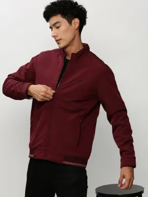 Men Maroon Mock Collar Bomber Jacket