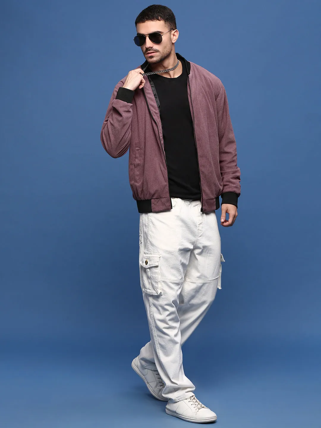 Men Mauve Corduroy Windcheater Bomber Jacket