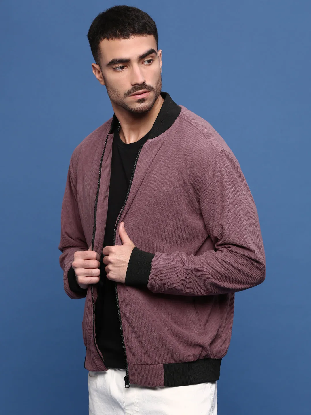 Men Mauve Corduroy Windcheater Bomber Jacket