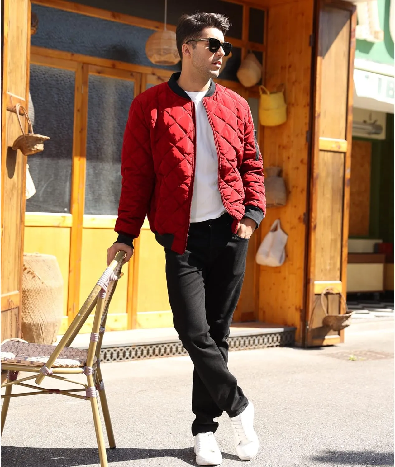 Mens Bomber Jackets Diamond Quilted Fall Winter Rib Varsity Lightweight Coat