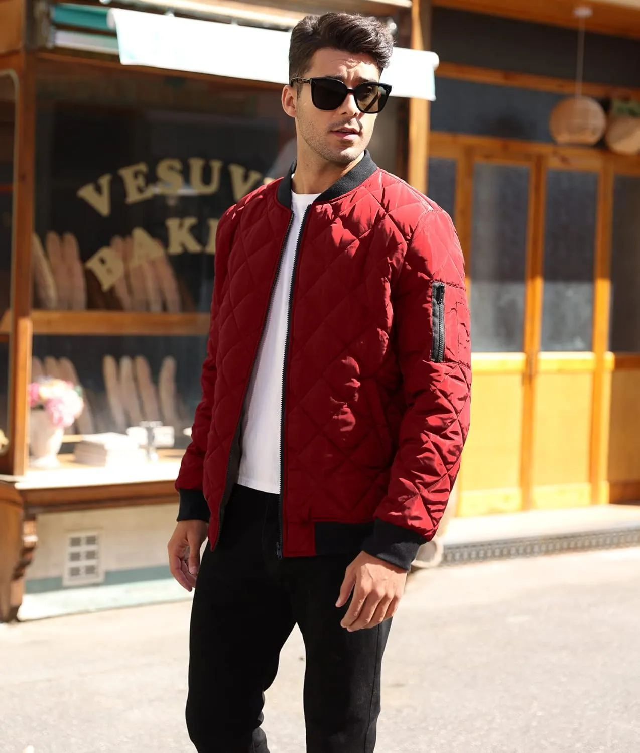 Mens Bomber Jackets Diamond Quilted Fall Winter Rib Varsity Lightweight Coat