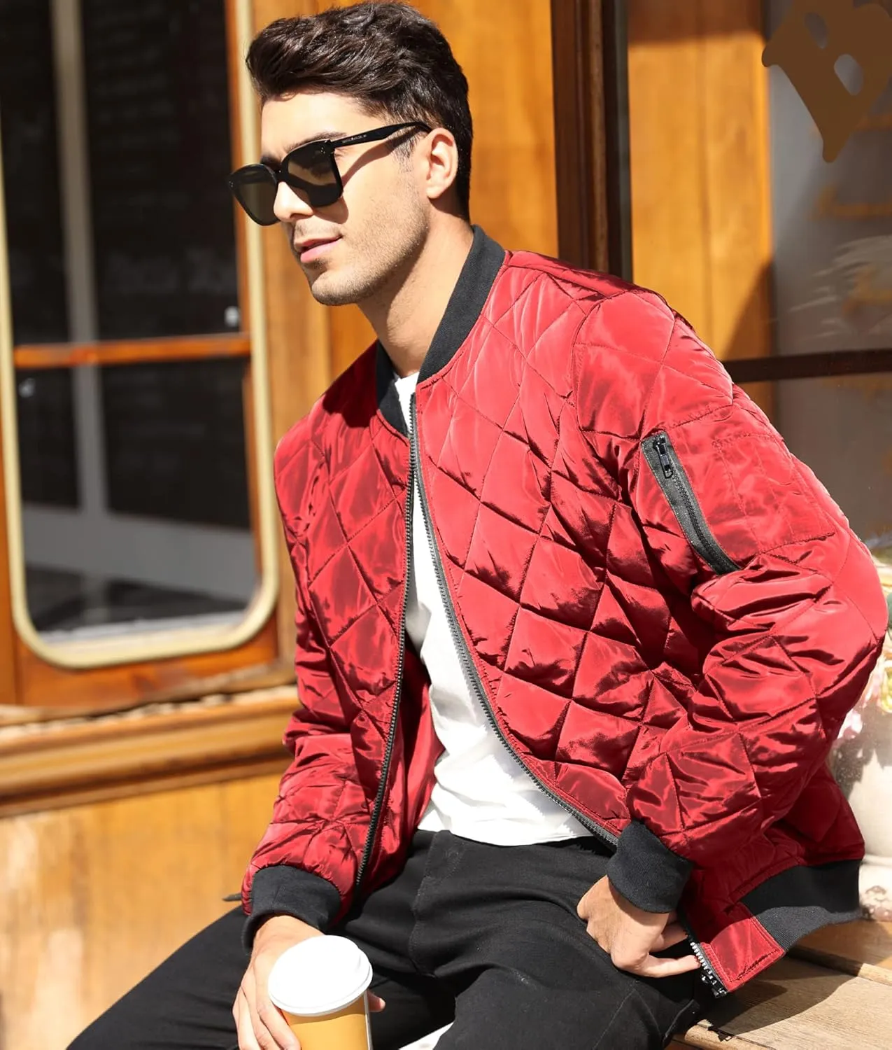 Mens Bomber Jackets Diamond Quilted Fall Winter Rib Varsity Lightweight Coat