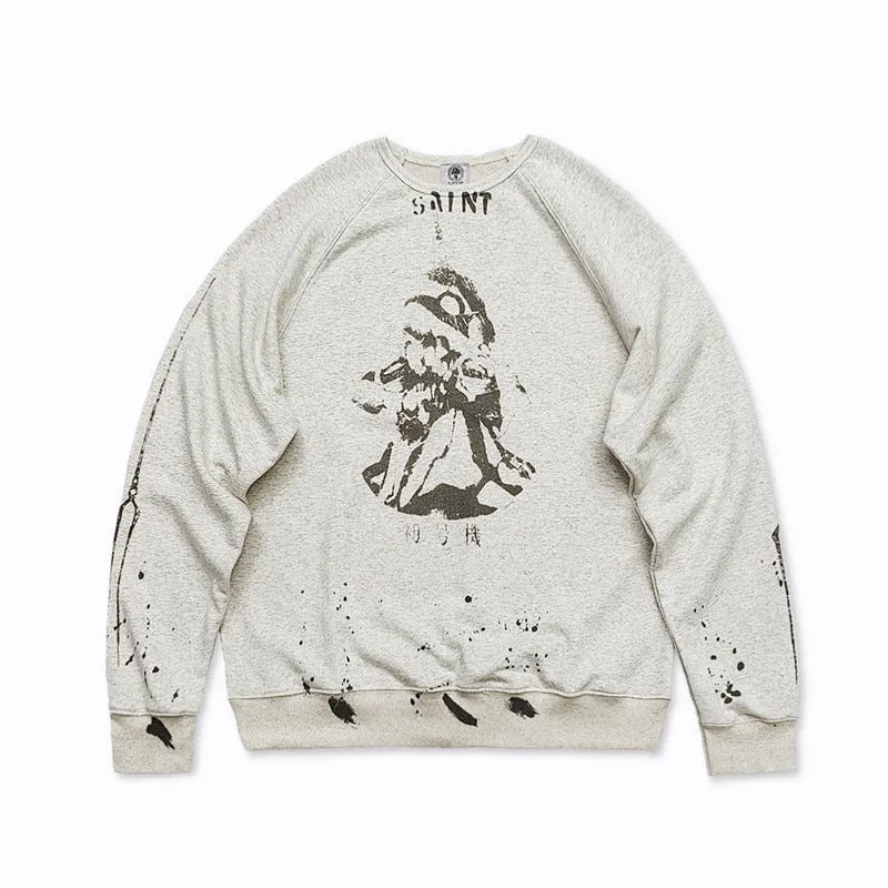 Mens Vintage T-Shirts Saint Michael Crew Neck Sweater Loose Versatile Long Sleeves