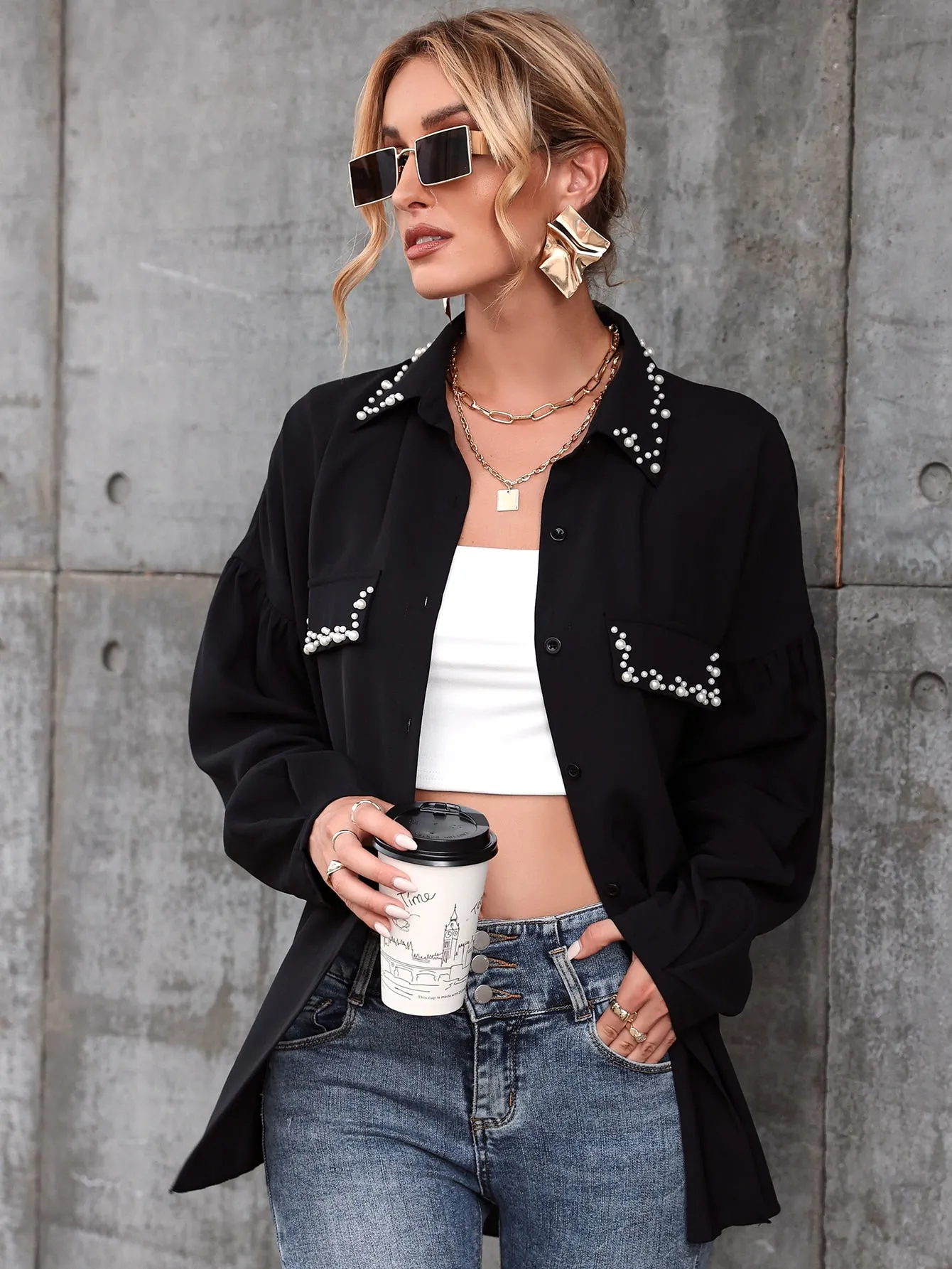 Pearls Beaded Drop Shoulder Blouse