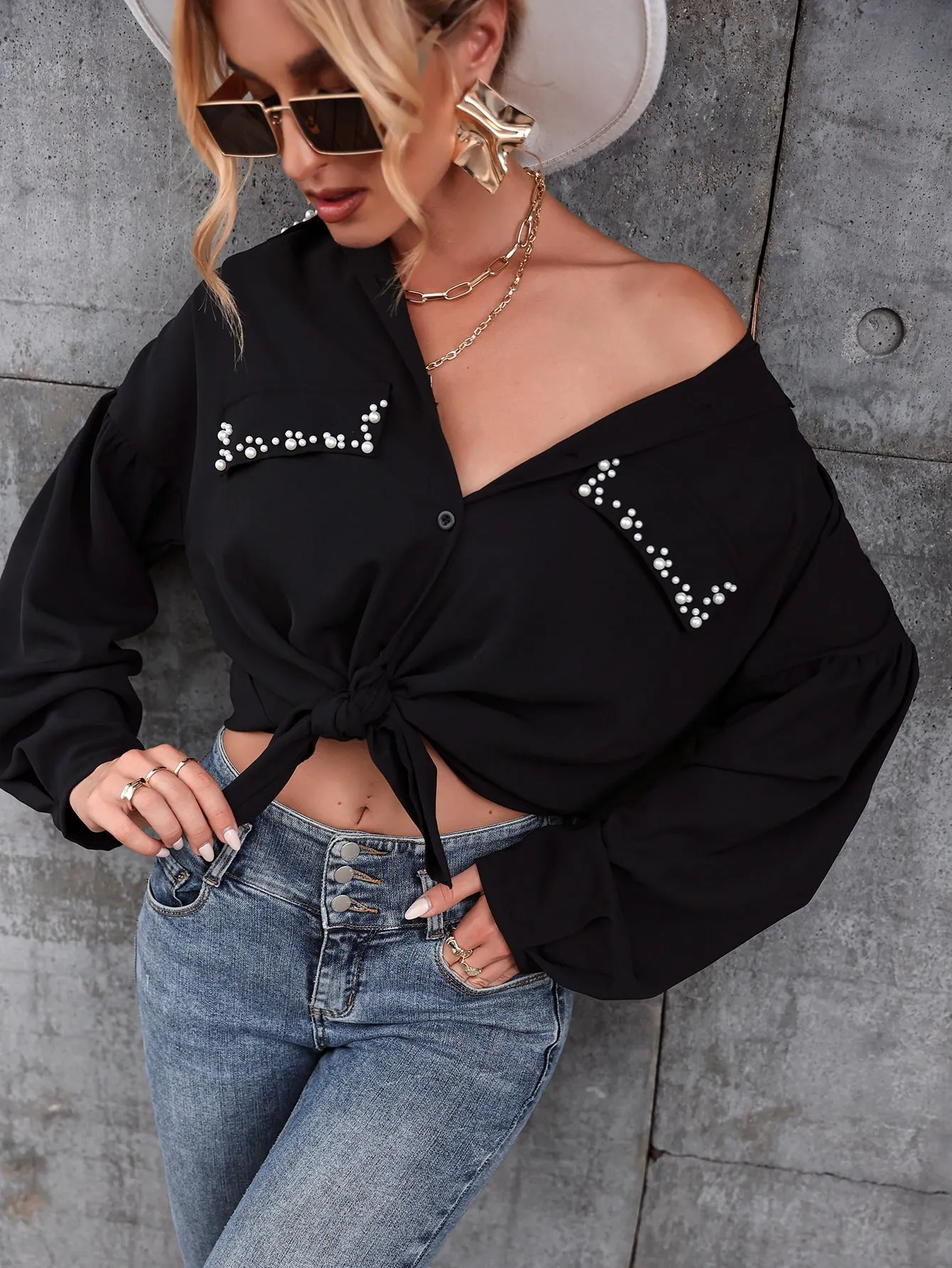 Pearls Beaded Drop Shoulder Blouse