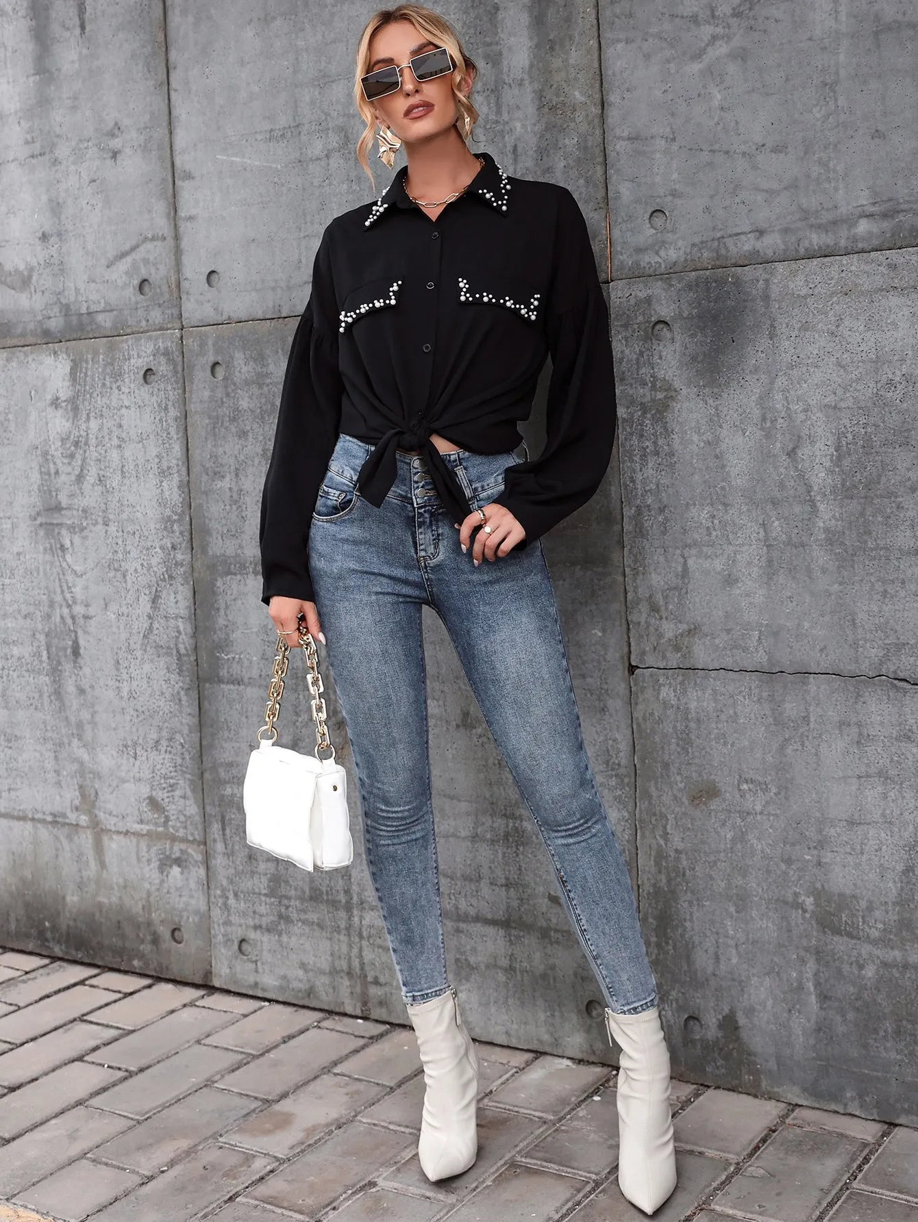 Pearls Beaded Drop Shoulder Blouse
