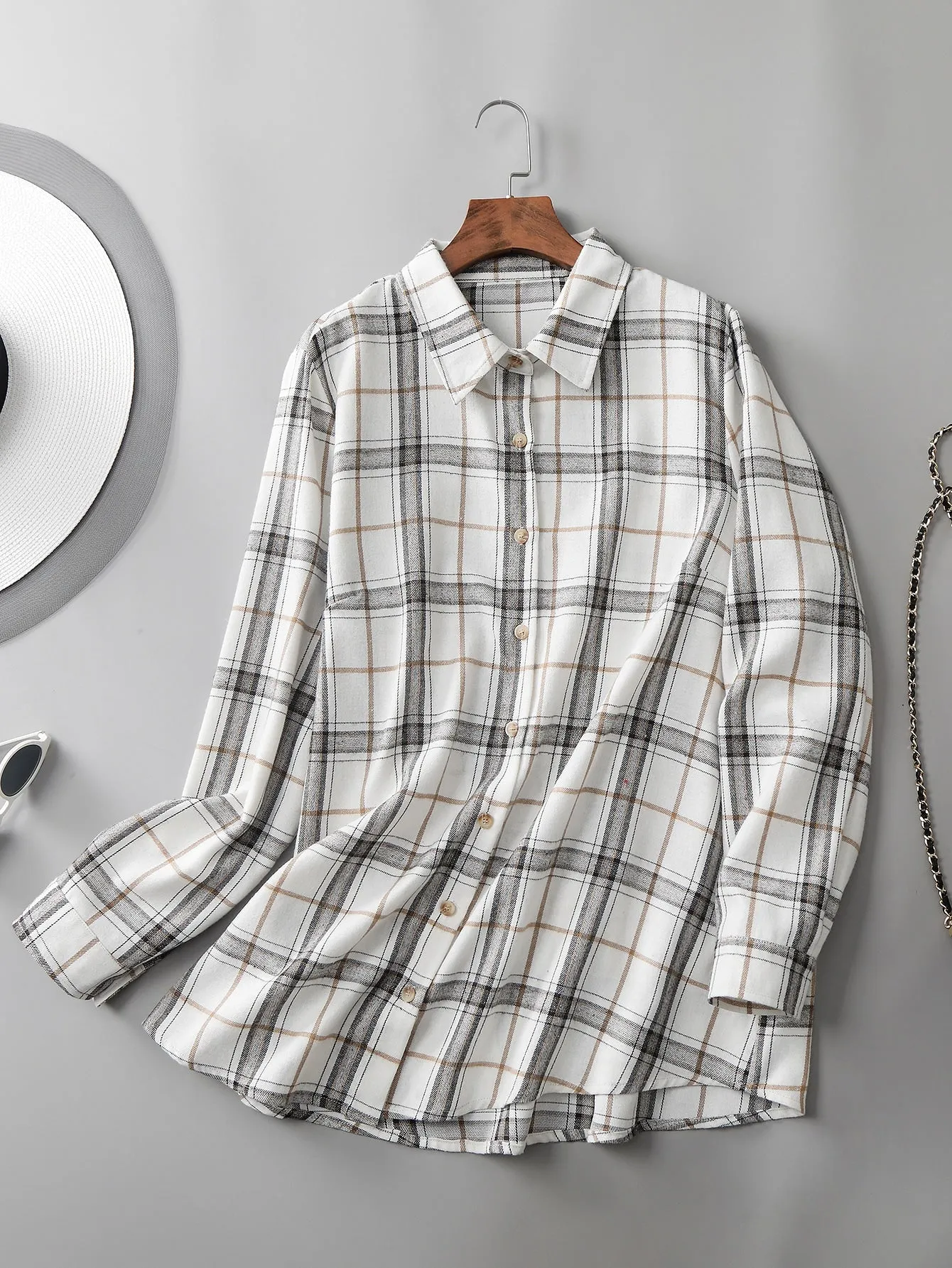 Plaid Button Front Long Sleeve Collar Regular Plus Size Blouse